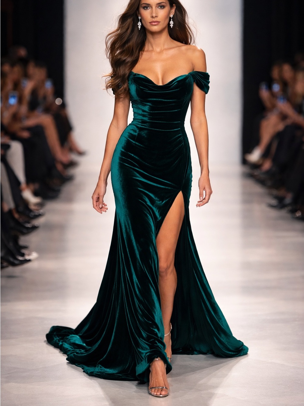 Velvet green off shoulder formal